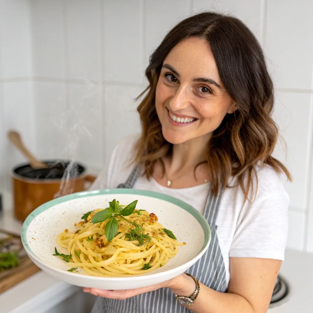 Emma holding a plate of freshly made pasta